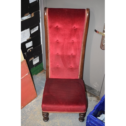 479 - French high backed low chair with upholstered decoration, 102cm tall.