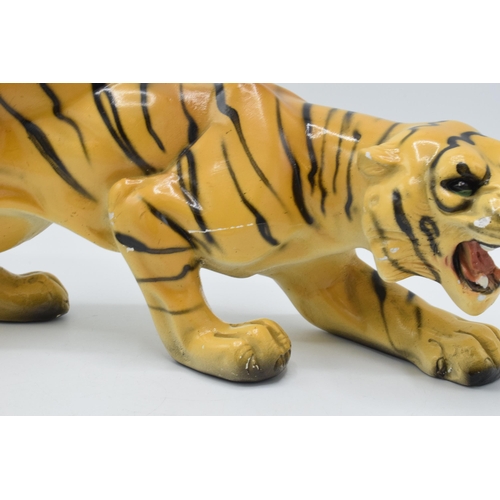 133 - Mid 20th century chalk ware model of a crouching tiger, RD 896256, 35cm long.