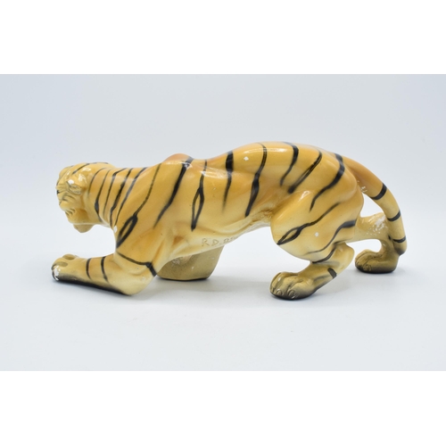 133 - Mid 20th century chalk ware model of a crouching tiger, RD 896256, 35cm long.