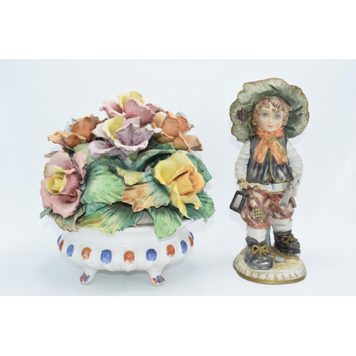 135 - Unusual Capo Di Monte flower bowl with similar unmarked figure of a boy, 28cm tallest (2).