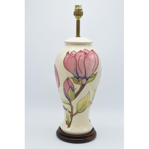 85 - Large Moorcroft lamp base with pink floral pattern on a magnolia background, 35cm tall exc. brass fi... 