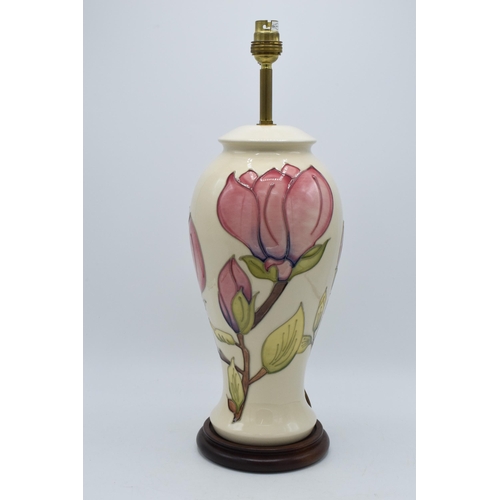 85 - Large Moorcroft lamp base with pink floral pattern on a magnolia background, 35cm tall exc. brass fi... 