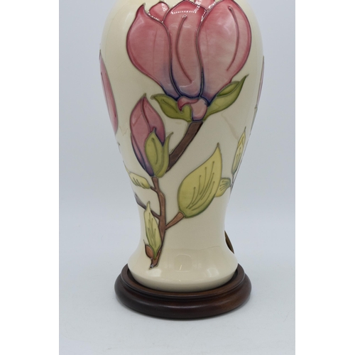 85 - Large Moorcroft lamp base with pink floral pattern on a magnolia background, 35cm tall exc. brass fi... 