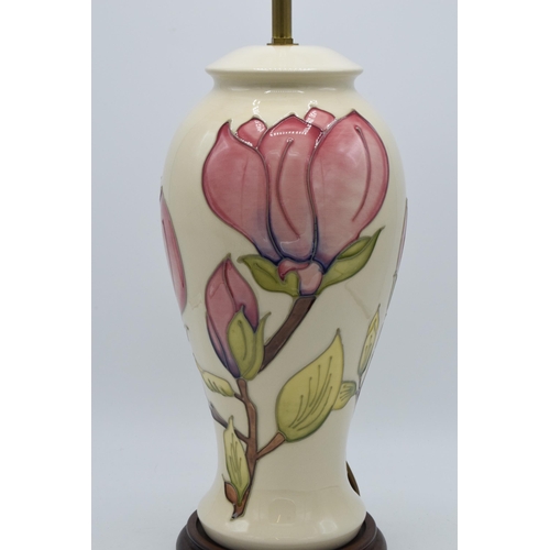 85 - Large Moorcroft lamp base with pink floral pattern on a magnolia background, 35cm tall exc. brass fi... 