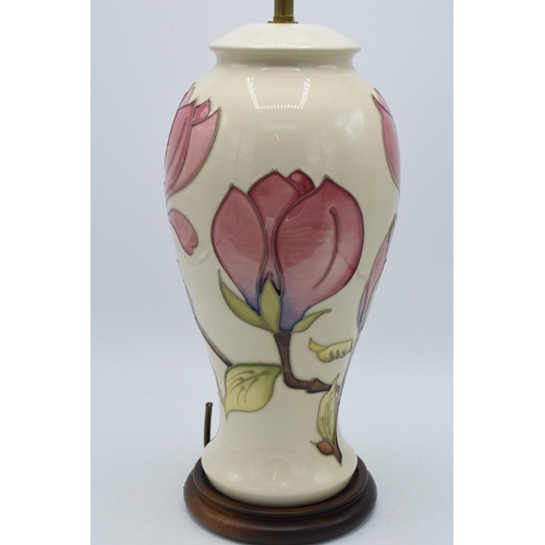 85 - Large Moorcroft lamp base with pink floral pattern on a magnolia background, 35cm tall exc. brass fi... 