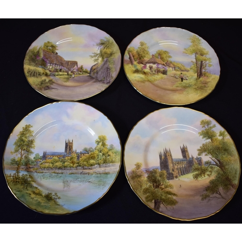 142 - Royal Worcester signed cabinet plates with shaped edges to include Worcester Cathedral, Canterbury C... 