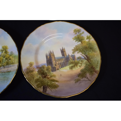 142 - Royal Worcester signed cabinet plates with shaped edges to include Worcester Cathedral, Canterbury C... 