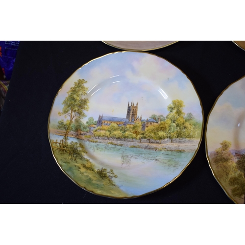 142 - Royal Worcester signed cabinet plates with shaped edges to include Worcester Cathedral, Canterbury C... 