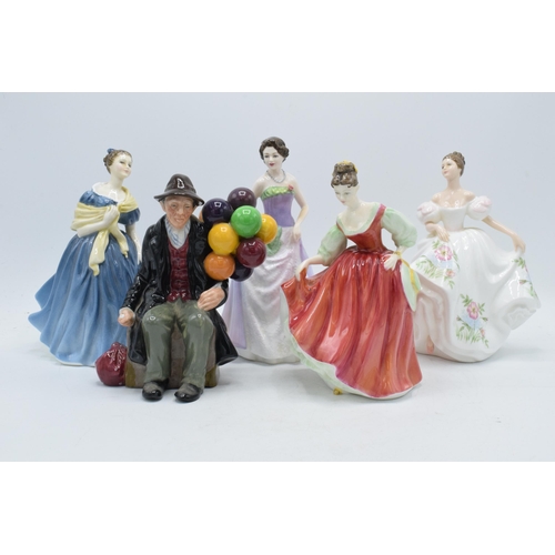 115 - Royal Doulton figures to include Balloon Man HN1954 (restored balloons) together with lady figures s... 