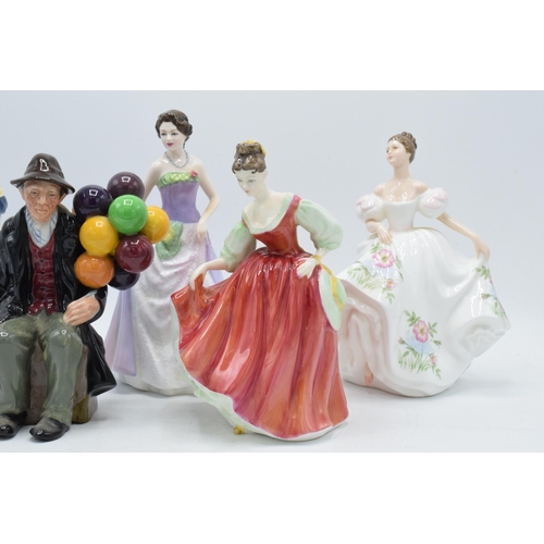 115 - Royal Doulton figures to include Balloon Man HN1954 (restored balloons) together with lady figures s... 