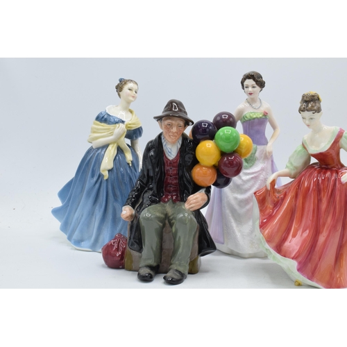 115 - Royal Doulton figures to include Balloon Man HN1954 (restored balloons) together with lady figures s... 