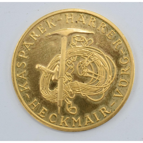 Eiger-Nordward .900 gold medal 'Erstbesteigung', 1938, 32mm diameter, 17.3 grams.