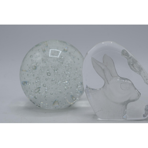 4 - A trio of glass paperweights to include a rabbit example and 2 bubble effect items (3).