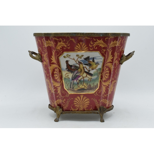 88 - Late 19th century William Lowe pottery jardiniere / planter with brass handles with ornate feet, wit... 