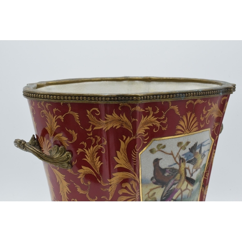 88 - Late 19th century William Lowe pottery jardiniere / planter with brass handles with ornate feet, wit... 