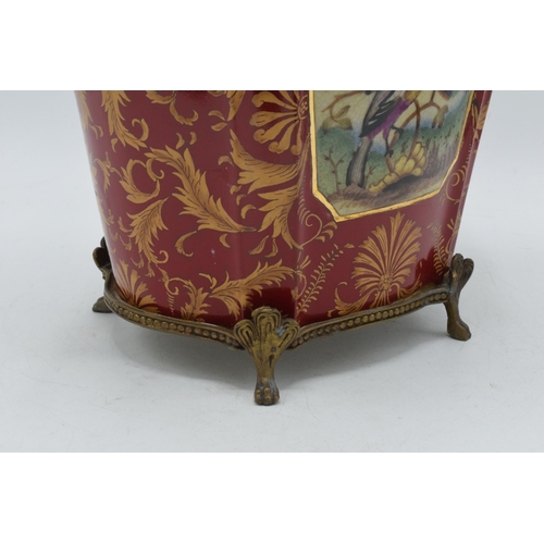 88 - Late 19th century William Lowe pottery jardiniere / planter with brass handles with ornate feet, wit... 