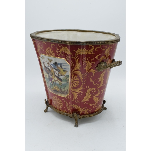 88 - Late 19th century William Lowe pottery jardiniere / planter with brass handles with ornate feet, wit... 