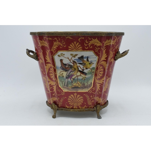 88 - Late 19th century William Lowe pottery jardiniere / planter with brass handles with ornate feet, wit... 