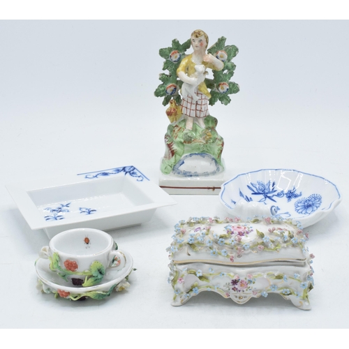 90 - A collection of items to include a Dresden stamp holder with floral sprays and design, a cup and sau... 