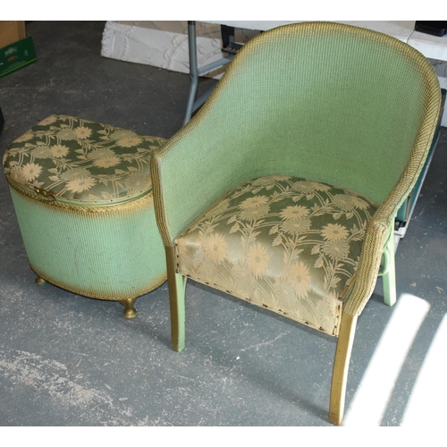 485 - Vintage green and gilt Lloyd Loom bathroom chair together with a laundry basket (2), tallest 78cm ta... 