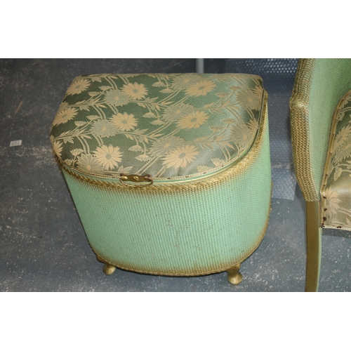 485 - Vintage green and gilt Lloyd Loom bathroom chair together with a laundry basket (2), tallest 78cm ta... 