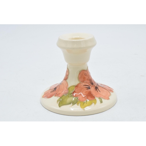 78 - Moorcroft squat vase decorated with a Florian vase (red dot) together with Hibiscus candlestick (2).