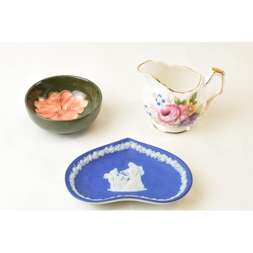 127 - Moorcroft small pin dish together with Aynsley floral cream jug and Wedgwood dip blue heart shaped p... 