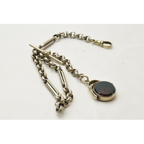 161 - Silver plated belcher style Albert chain with agate swivel fob, 'Albo', 38cm long.