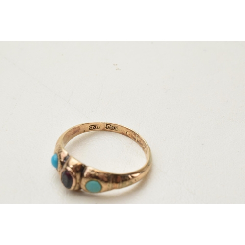 165 - Antique 9ct gold ring set with garnet and turquoise stones, 1.8 grams, size O.