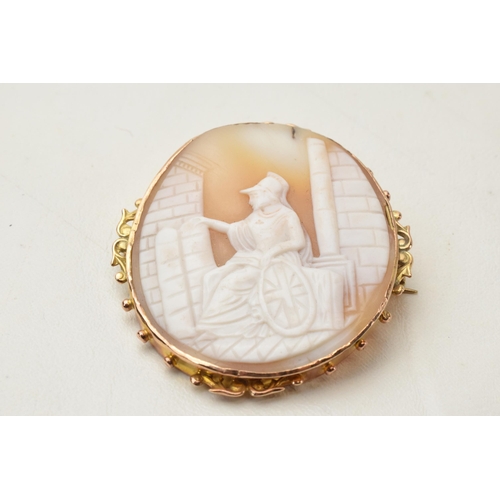 168B - 9ct gold framed Brittania scene cameo, 11.2 grams gross weight, 5cm tall.