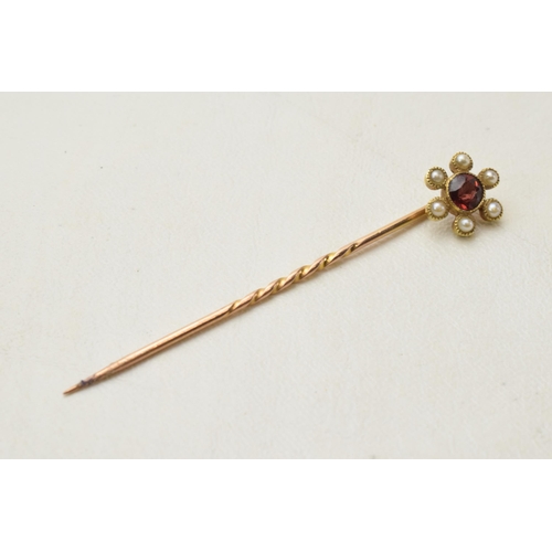 168D - 9ct gold stick pin set with amethyst and pearls, 5cm long.