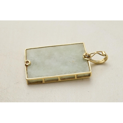 168E - 14ct gold and jade (or similar) pendant, gross weight 8.6 grams, 4cm tall.