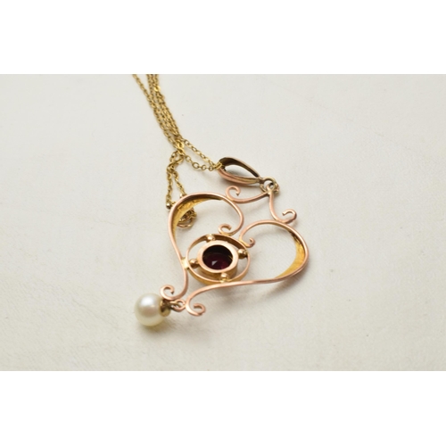 168F - 9ct rose gold garnet and pearl Art Nouveau pendant on 9ct gold chain, 3.2 grams.