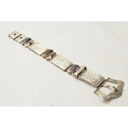 168H - Silver Scottish buckle bracelet set with natural gem stones, 23.1 grams, 19.5cm long.