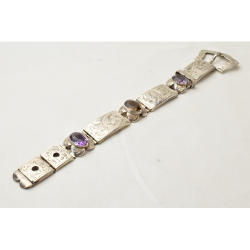 168H - Silver Scottish buckle bracelet set with natural gem stones, 23.1 grams, 19.5cm long.