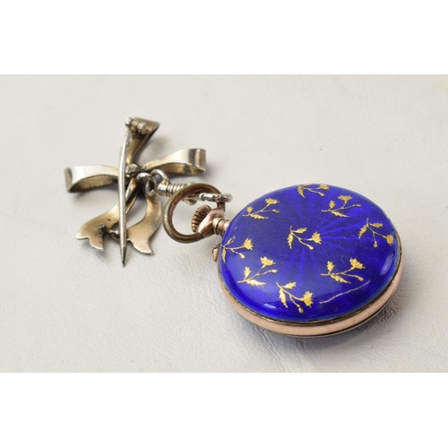 168L - Silver and blue enamel ladies fob watch with inlaid silver decoration with bow pin, in working order... 