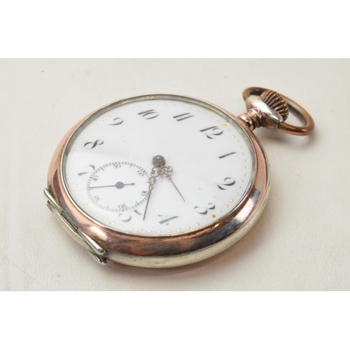 168M - Silver 0.800 top wind pocket watch with 2 tone decoration, in working order.