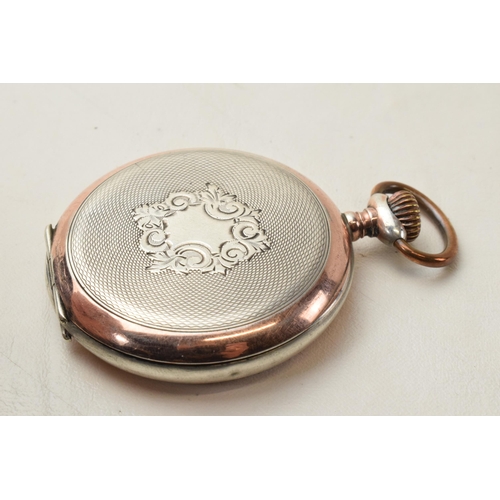 168M - Silver 0.800 top wind pocket watch with 2 tone decoration, in working order.