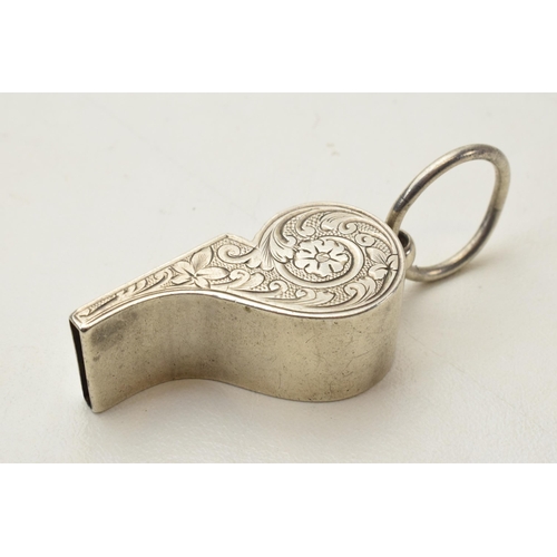 168P - Silver whistle with engraved decoration, unmarked.