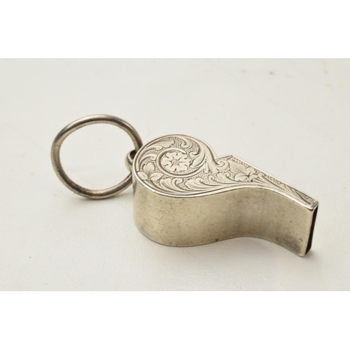 168P - Silver whistle with engraved decoration, unmarked.