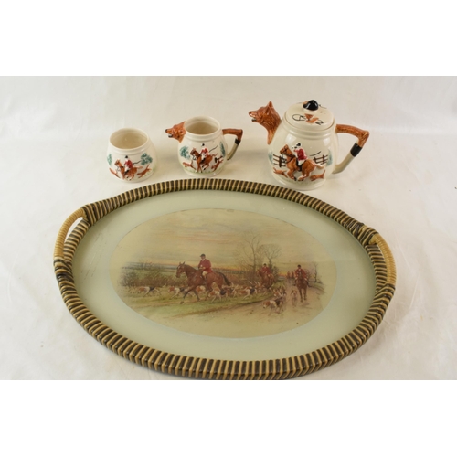 458 - A hunting themed tea pot and coffee set c1950s together with a rattan wrapped tea tray.