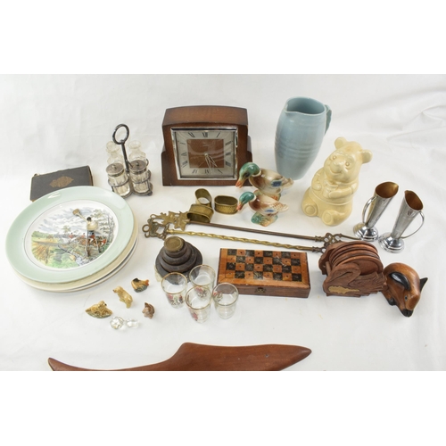 459 - A mixed collection of items to include vintage clock (working) ceramic item, wade whimsies and hunti... 