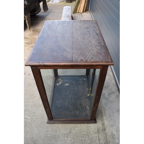 486 - Edwardian stained pine glass display cabinet with locking doors, with key, 81x60x95cm tall.