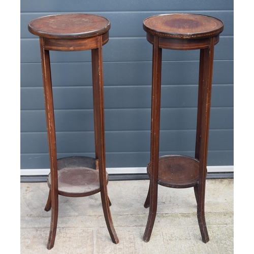 487 - Edwardian pair of jardiniere stands with inlaid decoration, 96cm tall, 31cm diameter (2).