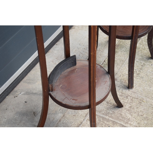 487 - Edwardian pair of jardiniere stands with inlaid decoration, 96cm tall, 31cm diameter (2).