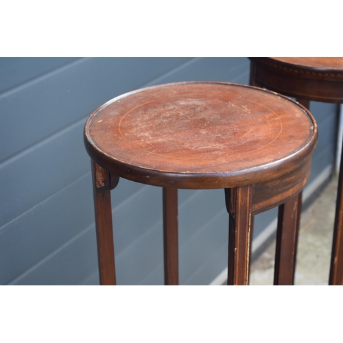 487 - Edwardian pair of jardiniere stands with inlaid decoration, 96cm tall, 31cm diameter (2).