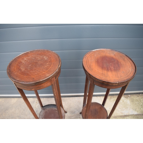 487 - Edwardian pair of jardiniere stands with inlaid decoration, 96cm tall, 31cm diameter (2).