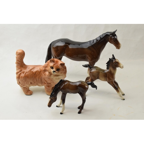 71 - Beswick to include a ginger cat, a brown thoroughbred facing right with 2 brown foals (4).