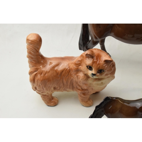 71 - Beswick to include a ginger cat, a brown thoroughbred facing right with 2 brown foals (4).