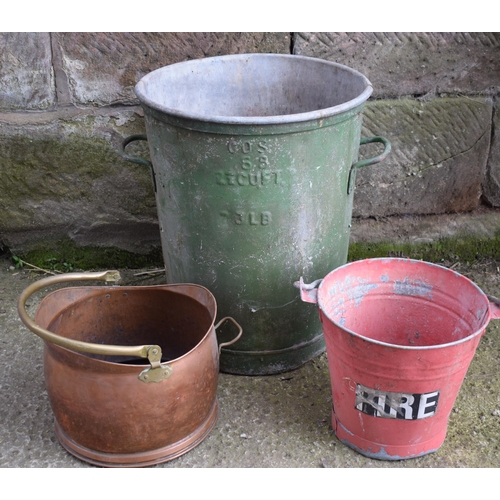 494 - Large vintage galvanised bin with 2 riveted handles together with a vintage red fire bucket and a co... 